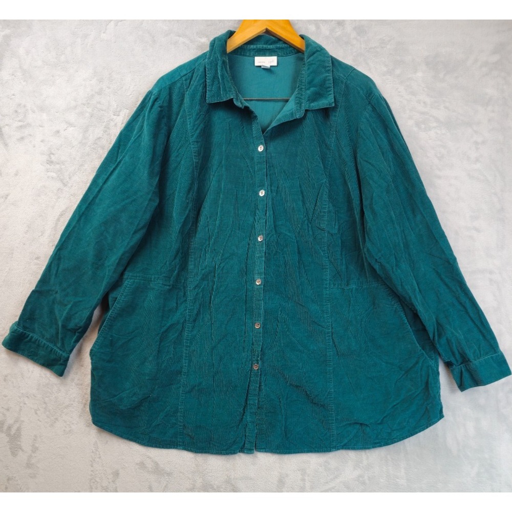 J JILL Green Corduroy Shirt Womens Size 3X Button Up Long Sleeve Pockets Cotton